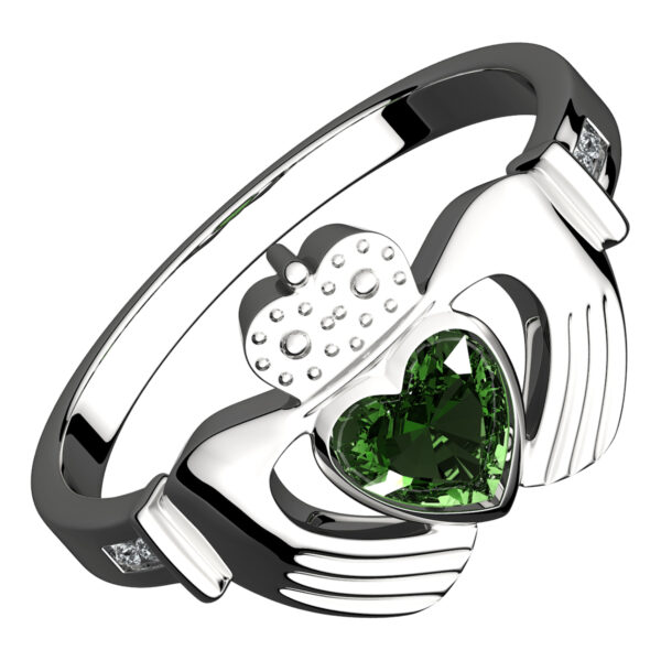 925 Sterling Silver Claddagh Ring with Crown and Emerald Green CZ Heart Embraced with Arms