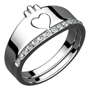 925 Sterling Silver Double Ring Featuring Heart Symbolic Crown and Crystals