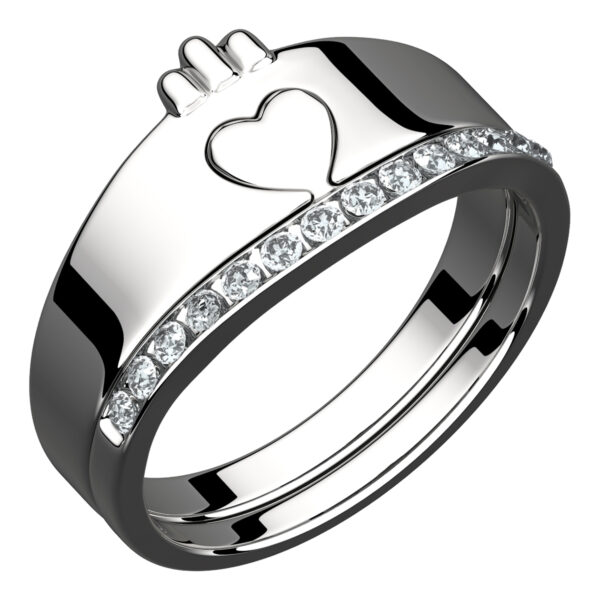 925 Sterling Silver Double Ring Featuring Heart Symbolic Crown and Crystals