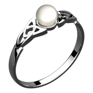 925 Sterling Silver Celtic Trinity Knot Ring Holding a White Round Pearl
