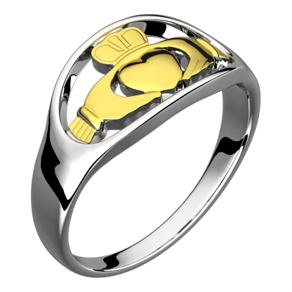 18K Gold Coated 925 Sterling Silver Claddagh Ring with Hands Clasping Heart and Crown