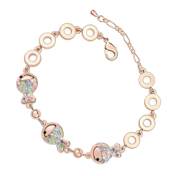 Jewellery Set Precious Metal Coated Pendant Necklace, Earrings, and Chain Bracelet of Multicolor Crystal-covered Fishes