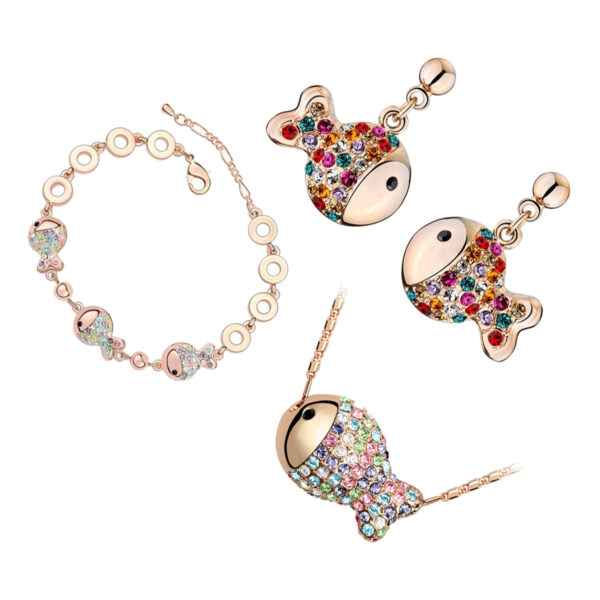 Jewellery Set Precious Metal Coated Pendant Necklace, Earrings, and Chain Bracelet of Multicolor Crystal-covered Fishes