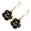 Jewellery Set Precious Metal Coated Pendant Necklace and Earrings Rosebud Flower with Black Leaves Graced with Diamond Clear Crystals