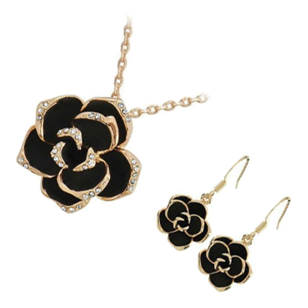 Jewellery Set Precious Metal Coated Pendant Necklace and Earrings Rosebud Flower with Black Leaves Graced with Diamond Clear Crystals