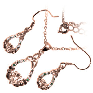 18K Rose Gold Coated Jewellery Set Claddagh Adorned with CZ Stones and Celtic Trinity Knot Atop Unique Teardrop Earrings and Pendant Necklace - Emerald Green