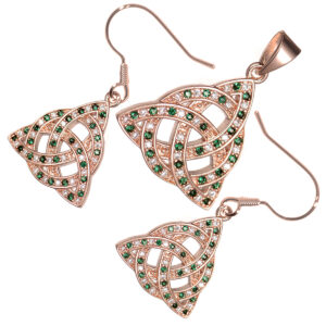 18K Rose Gold Coated Jewellery Set Celtic Trinity Knot Interlaced with Circle Ornated with CZ Stones Earrings and Pendant Necklace - Emerald Green