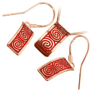 Jewellery Set Earrings and Pendant Necklace with 18K Rose Gold Coated 925 Sterling Silver Rectangular Celtic Newgrange Spirals in Enamel - Red
