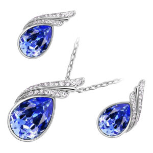 18K White Gold Coated Jewellery Set Pendant Necklace and Earrings with Inlay Crystal 2 Bands Graced with White Stones Water Drop Shaped - Sapphire Blue