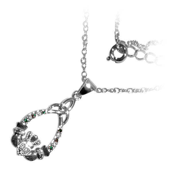 18K White Gold Coated Jewellery Set Claddagh Adorned with CZ Stones and Celtic Trinity Knot Atop Unique Teardrop Earrings and Pendant Necklace - Emerald Green