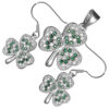 18K White Gold Coated Jewellery Set Shamrock Flower Dewed with Zircon Stones Earrings and Pendant Necklace - Emerald Green
