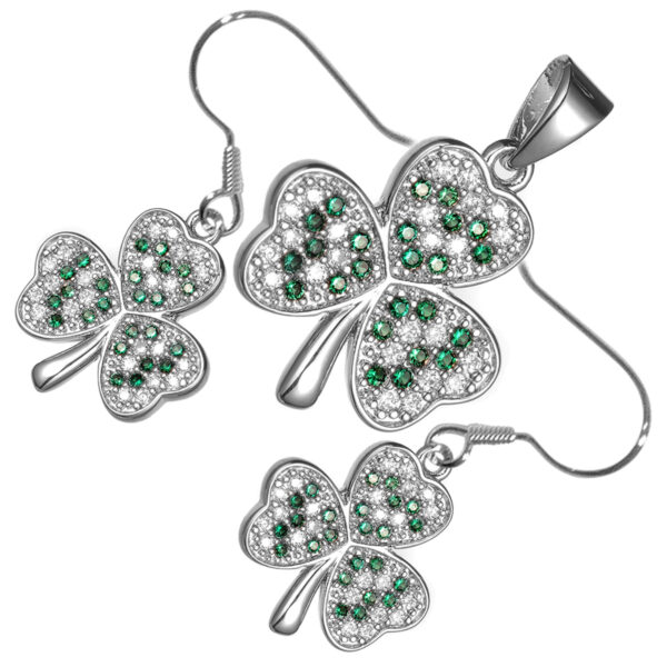 18K White Gold Coated Jewellery Set Shamrock Flower Dewed with Zircon Stones Earrings and Pendant Necklace - Emerald Green