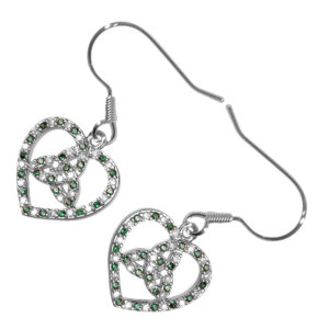 18K White Gold Coated Jewellery Set Celtic Trinity Knot Inside Heart Ornated with Zircon Stones Unusual Love Earrings and Pendant Necklace - Emerald Green