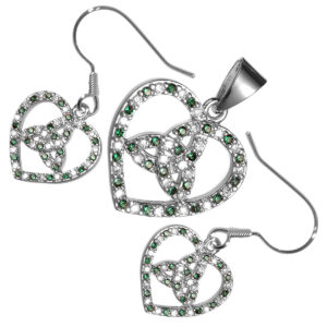 18K White Gold Coated Jewellery Set Celtic Trinity Knot Inside Heart Ornated with Zircon Stones Unusual Love Earrings and Pendant Necklace - Emerald Green