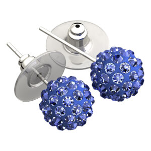 Sterling Silver Coated, 10MM Coloured AB Clay Crystal Shamballa Balls, Stud Earrings - Sapphire Blue