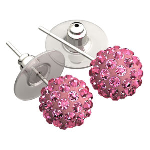 Sterling Silver Coated, 10MM Coloured AB Clay Crystal Shamballa Balls, Stud Earrings - Pink
