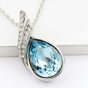 18K White Gold Coated Jewellery Set Pendant Necklace and Earrings with Inlay Crystal 2 Bands Graced with White Stones Water Drop Shaped - Turquoise Blue