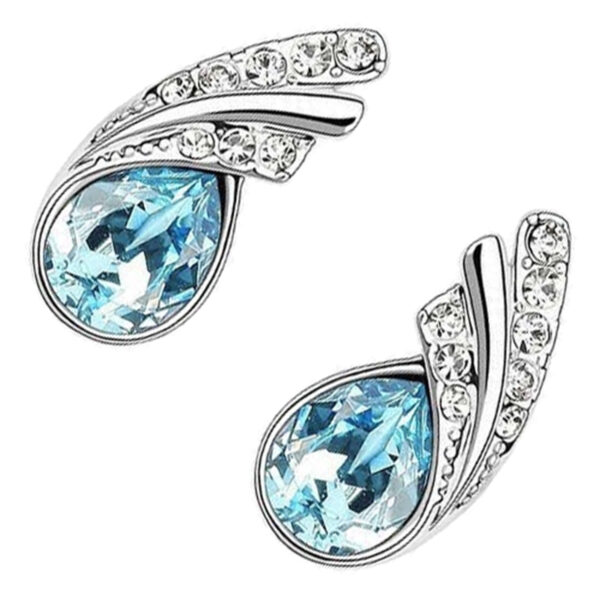 18K White Gold Coated Jewellery Set Pendant Necklace and Earrings with Inlay Crystal 2 Bands Graced with White Stones Water Drop Shaped - Turquoise Blue
