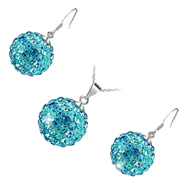 Jewellery Set 925 Sterling Silver Coated Pendant Necklace and Earrings Adorned with Sparkling Crystal Balls - Aquamarine Sea Blue