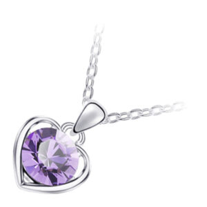Jewellery Set 925 Sterling Silver Coated Pendant Necklace Earrings and Chain Bracelet with Round Cut Crystal in Heart Framing - Tanzanite Violet