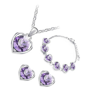 Jewellery Set 925 Sterling Silver Coated Pendant Necklace Earrings and Chain Bracelet with Round Cut Crystal in Heart Framing - Tanzanite Violet