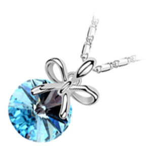 Jewellery Set 925 Sterling Silver Coated Pendant Necklace and Earrings with Round Cut Crystal Decorated with Festive Bow - Turquoise Blue