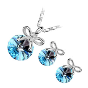 Jewellery Set 925 Sterling Silver Coated Pendant Necklace and Earrings with Round Cut Crystal Decorated with Festive Bow - Turquoise Blue