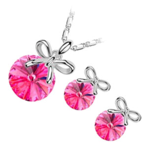 Jewellery Set 925 Sterling Silver Coated Pendant Necklace and Earrings with Round Cut Crystal Decorated with Festive Bow - Sapphire Rose