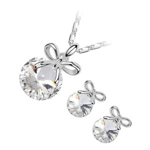 Jewellery Set 925 Sterling Silver Coated Pendant Necklace and Earrings with Round Cut Crystal Decorated with Festive Bow