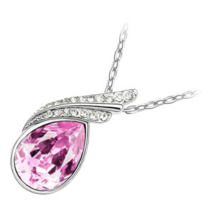 18K White Gold Coated Jewellery Set Pendant Necklace and Earrings with Inlay Crystal 2 Bands Graced with White Stones Water Drop Shaped - Sapphire Pink