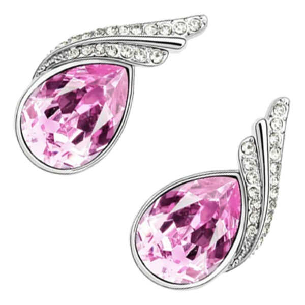18K White Gold Coated Jewellery Set Pendant Necklace and Earrings with Inlay Crystal 2 Bands Graced with White Stones Water Drop Shaped - Sapphire Pink