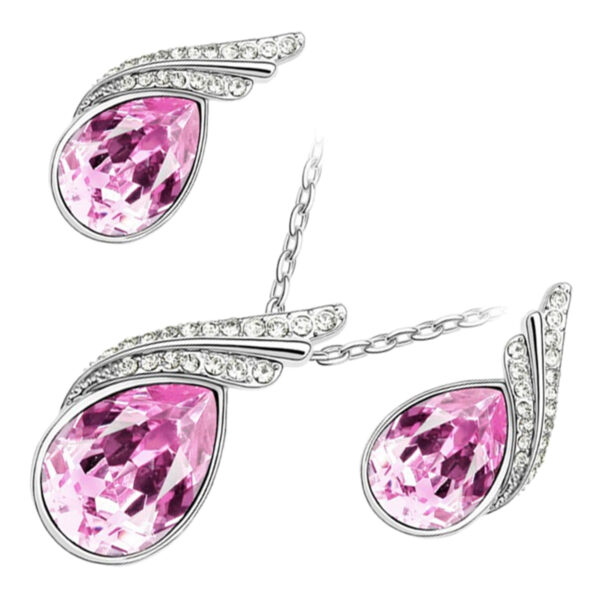 18K White Gold Coated Jewellery Set Pendant Necklace and Earrings with Inlay Crystal 2 Bands Graced with White Stones Water Drop Shaped - Sapphire Pink