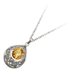Jewellery Set 925 Sterling Silver Coated Vintage Filigree Pendant Necklace and Earrings with Round Zircon Stone Within Teardrop - Peridot Green