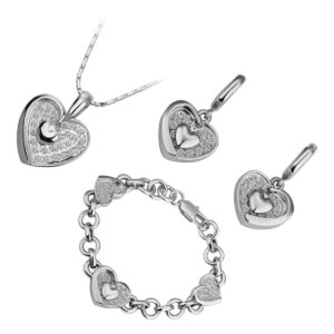 Jewellery Set Precious Metal Coated Pendant Necklace, Earrings, and Chain Bracelet with Heart Form, Adorned with White Crystals - 18ct White Gold