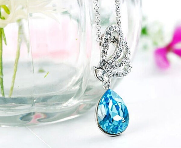 Jewellery Set 925 Sterling Silver Coated Pendant Necklace and Earrings with Teardrop Crystal and Butterfly Adorned with White Stones - Turquoise Blue