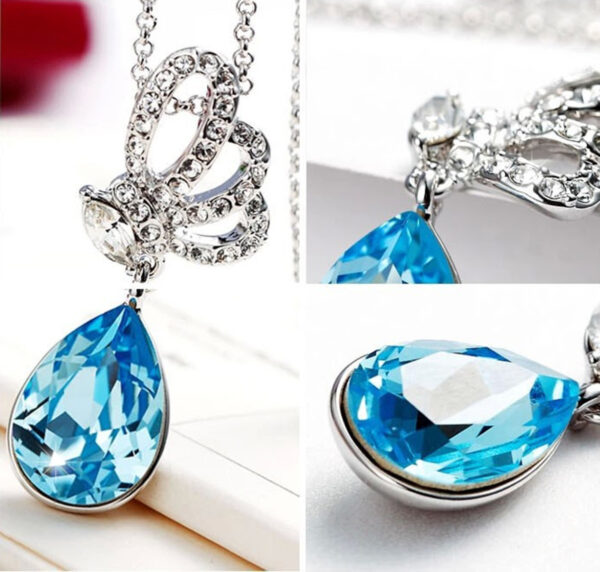 Jewellery Set 925 Sterling Silver Coated Pendant Necklace and Earrings with Teardrop Crystal and Butterfly Adorned with White Stones - Turquoise Blue