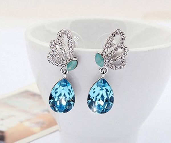 Jewellery Set 925 Sterling Silver Coated Pendant Necklace and Earrings with Teardrop Crystal and Butterfly Adorned with White Stones - Turquoise Blue