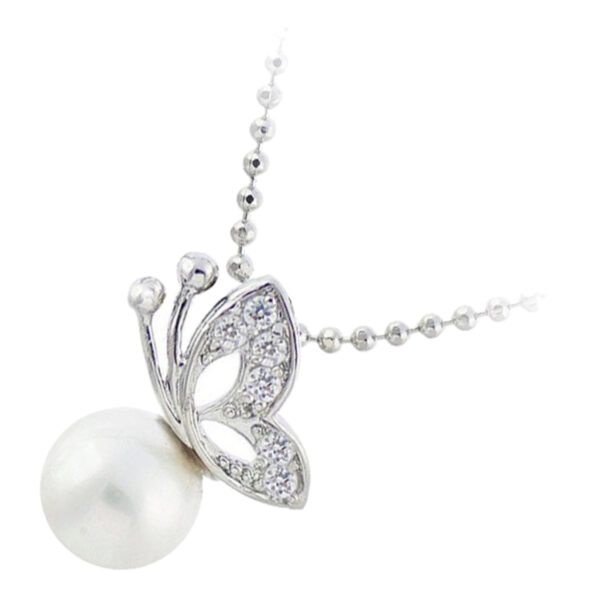 Jewellery Set 925 Sterling Silver Coated Pendant Necklace and Earrings Butterfly Embellished with Stones Sitting on White Pearl