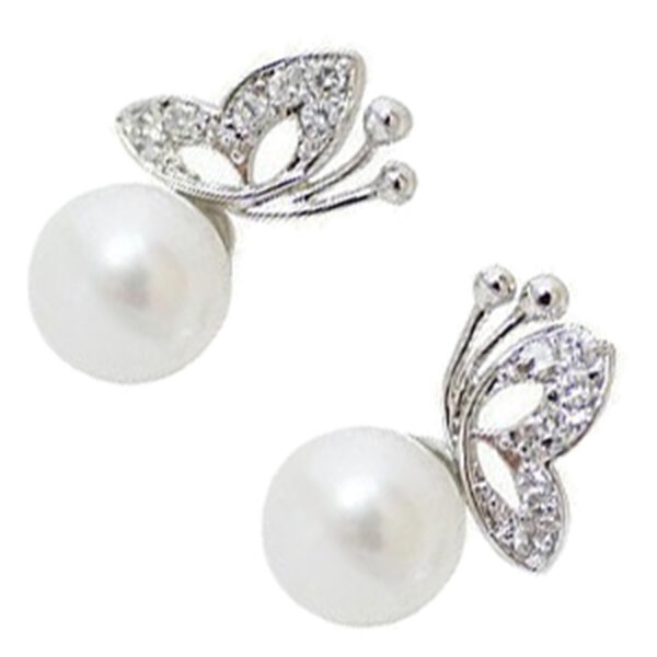 Jewellery Set 925 Sterling Silver Coated Pendant Necklace and Earrings Butterfly Embellished with Stones Sitting on White Pearl