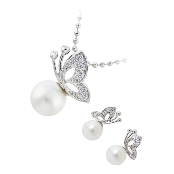 Jewellery Set 925 Sterling Silver Coated Pendant Necklace and Earrings Butterfly Embellished with Stones Sitting on White Pearl