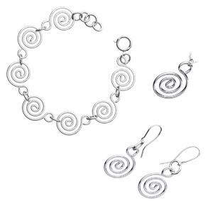 Precious Metal Coated Celtic Spiral Jewellery Set Bracelet, Earrings, and Pendant Necklace - Sterling Silver