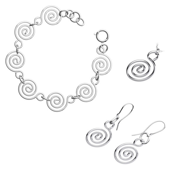 Precious Metal Coated Celtic Spiral Jewellery Set Bracelet, Earrings, and Pendant Necklace - Sterling Silver
