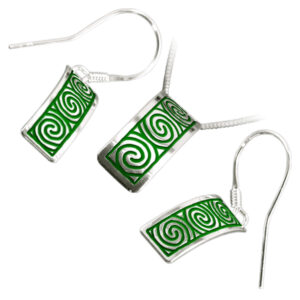 925 Sterling Silver Set of Earrings and Pendant Necklace Rectangular Celtic Newgrange Spirals in Enamel - Green